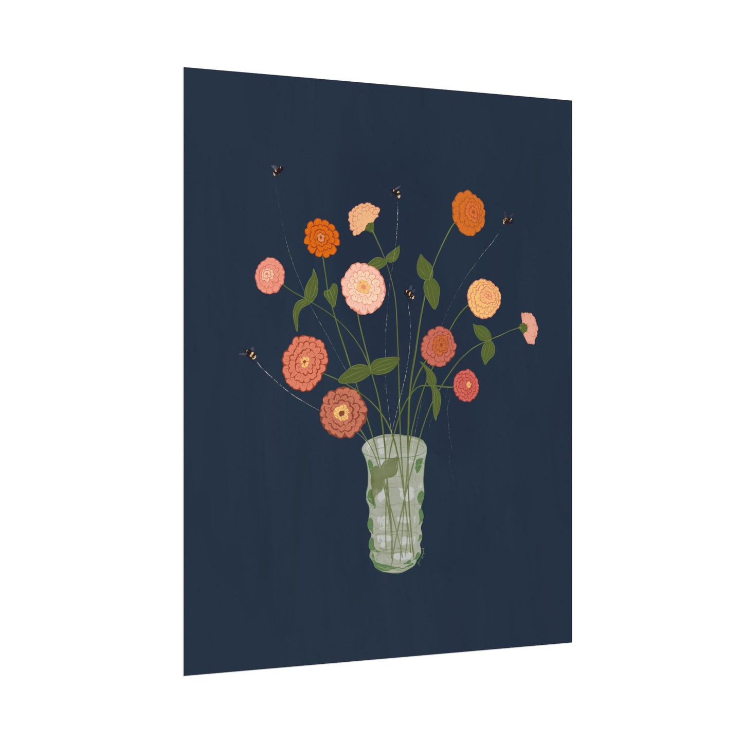 Tethered no. 2 Grammy's Zinnias — Summer Floral Bouquet with Bees Gouache Art Print