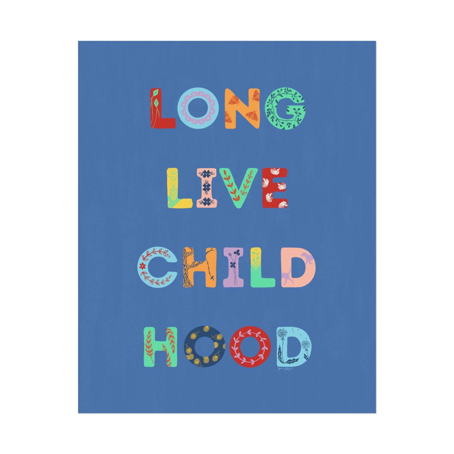 Long Live Childhood Poster in Blue — Colorful Gouache Kids Wall Art