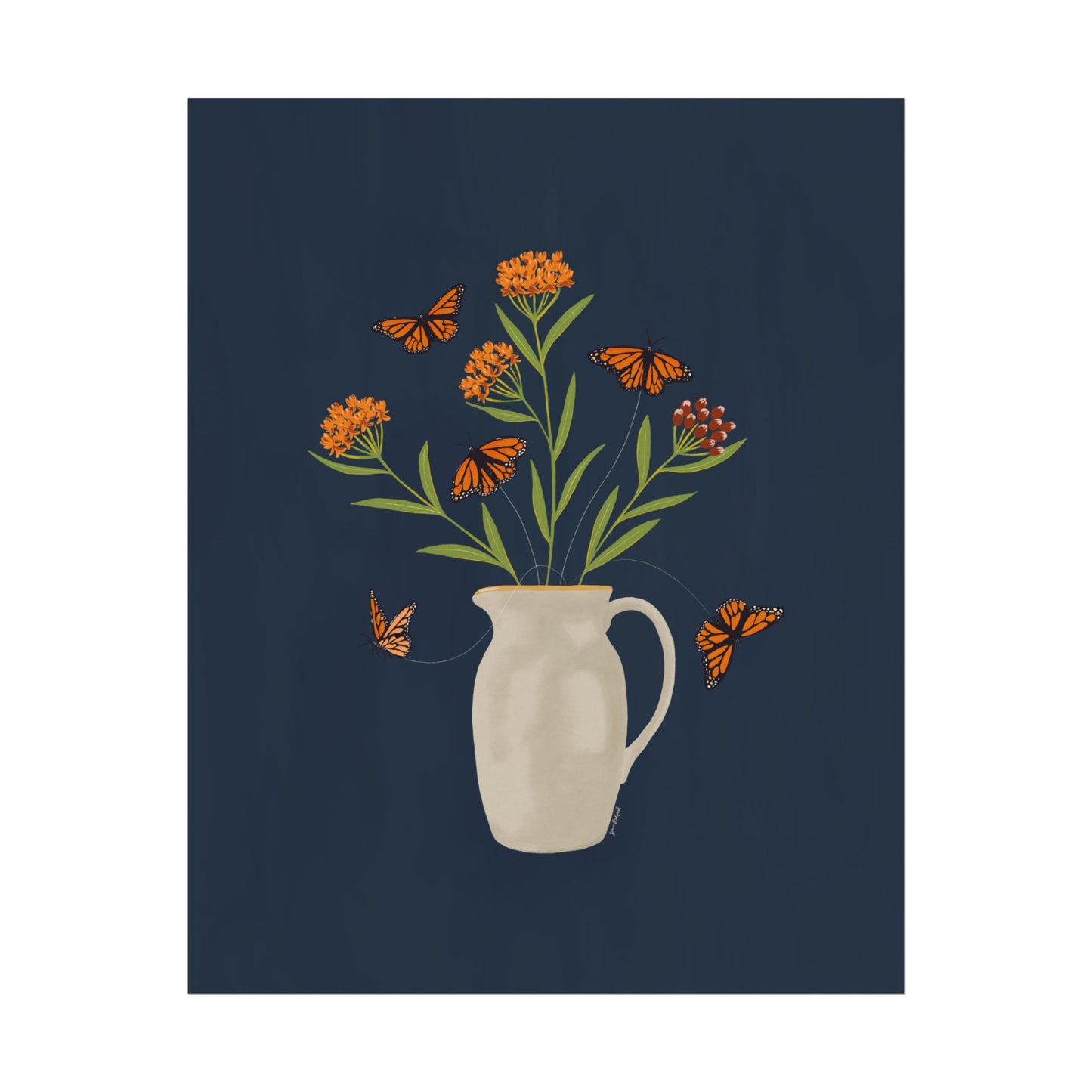 Tethered no. 1 —Milkweed & Monarch Butterfly Bouquet Poster — Gouache Vase Floral Folklectic Wall Art