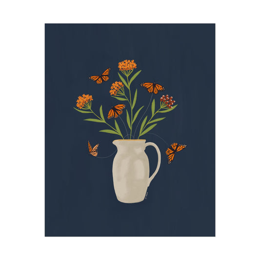 Tethered no. 1 —Milkweed & Monarch Butterfly Bouquet Poster — Gouache Vase Floral Folklectic Wall Art