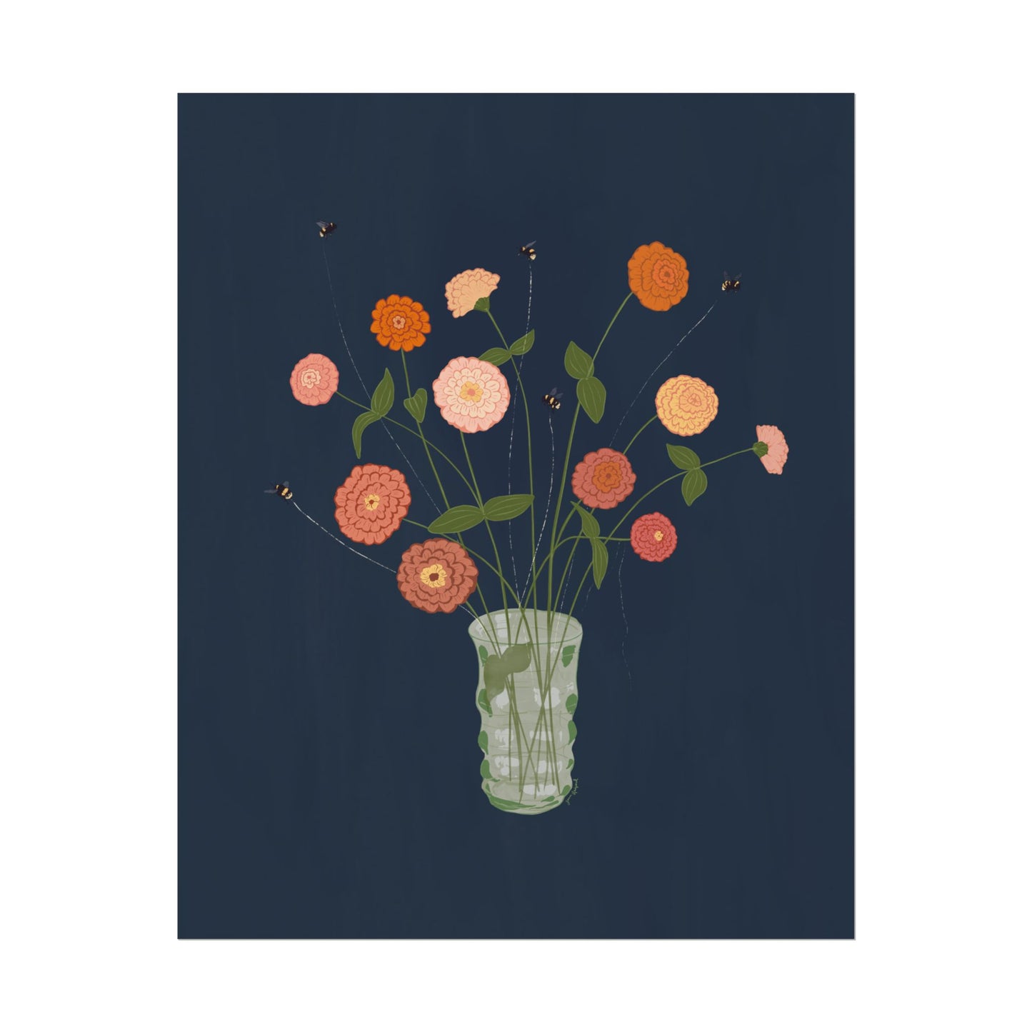 Tethered no. 2  Grammy's Zinnias — Summer Floral Bouquet with Bees Gouache Art Print
