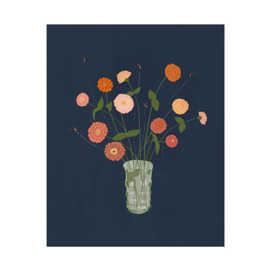 Tethered no. 2  Grammy's Zinnias — Summer Floral Bouquet with Bees Gouache Art Print