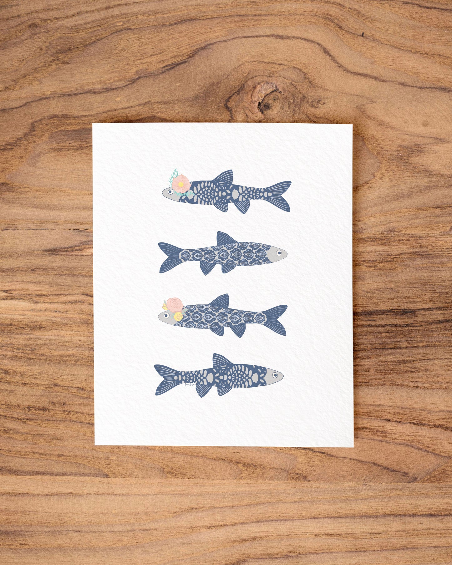 Boho Fish Gouache Art Print — Textured Watercolor Matte Nautical Wall Art Poster