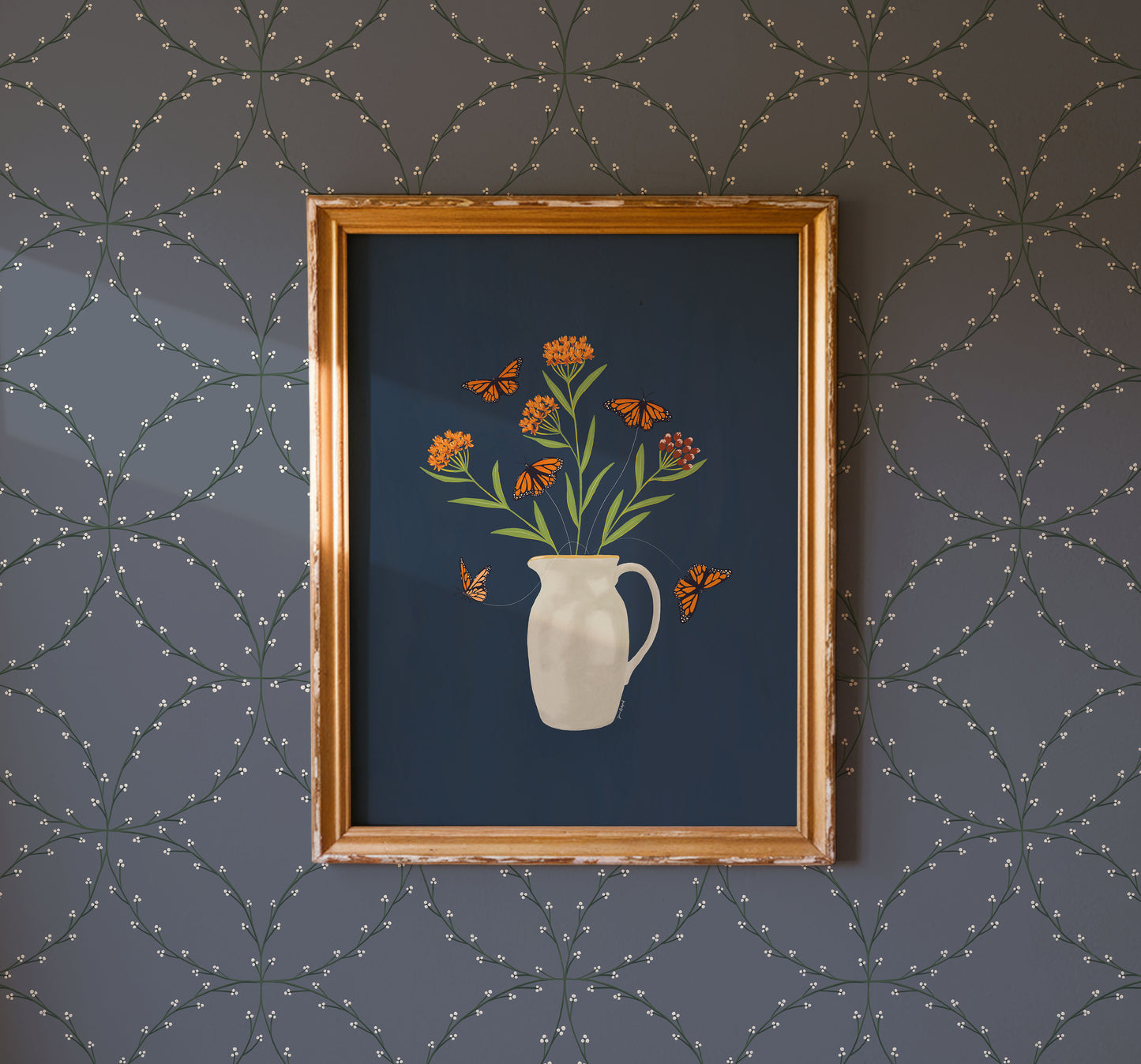 Tethered no. 1 —Milkweed & Monarch Butterfly Bouquet Poster — Gouache Vase Floral Folklectic Wall Art