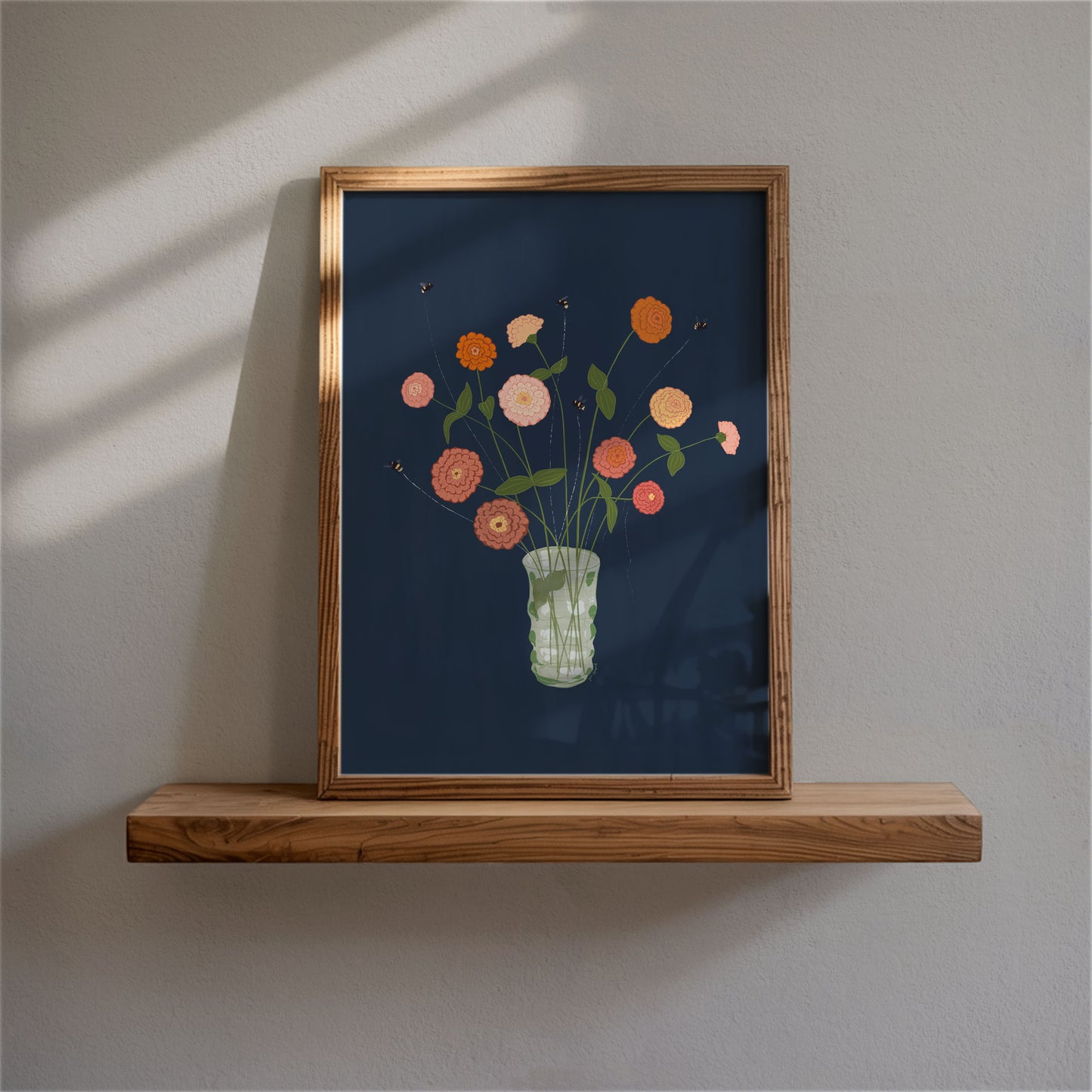 Tethered no. 2  Grammy's Zinnias — Summer Floral Bouquet with Bees Gouache Art Print