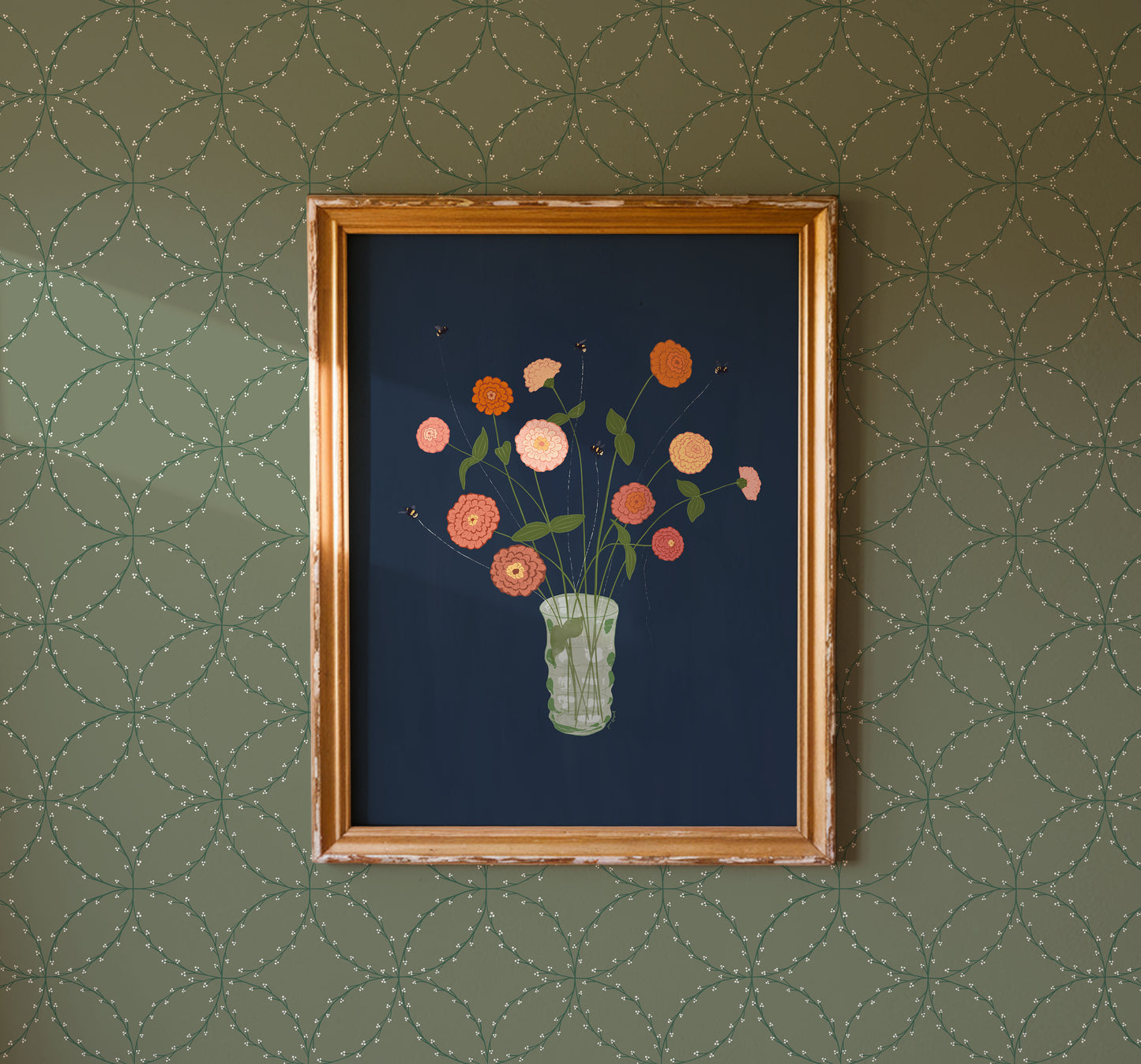 Tethered no. 2  Grammy's Zinnias — Summer Floral Bouquet with Bees Gouache Art Print