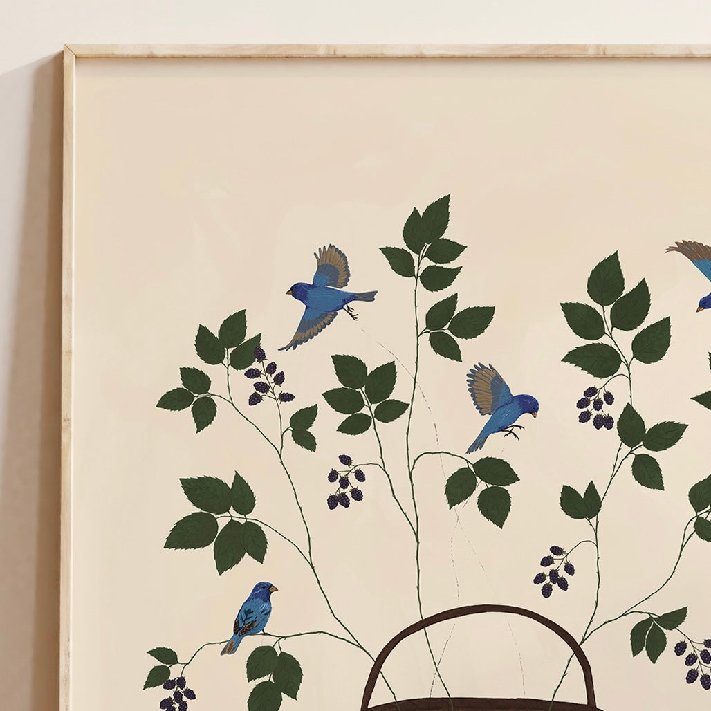 Tethered no. 3 Blackberries and Bluebirds Botanical Gouache Watercolor Poster — Textured Matte Fine Art Print