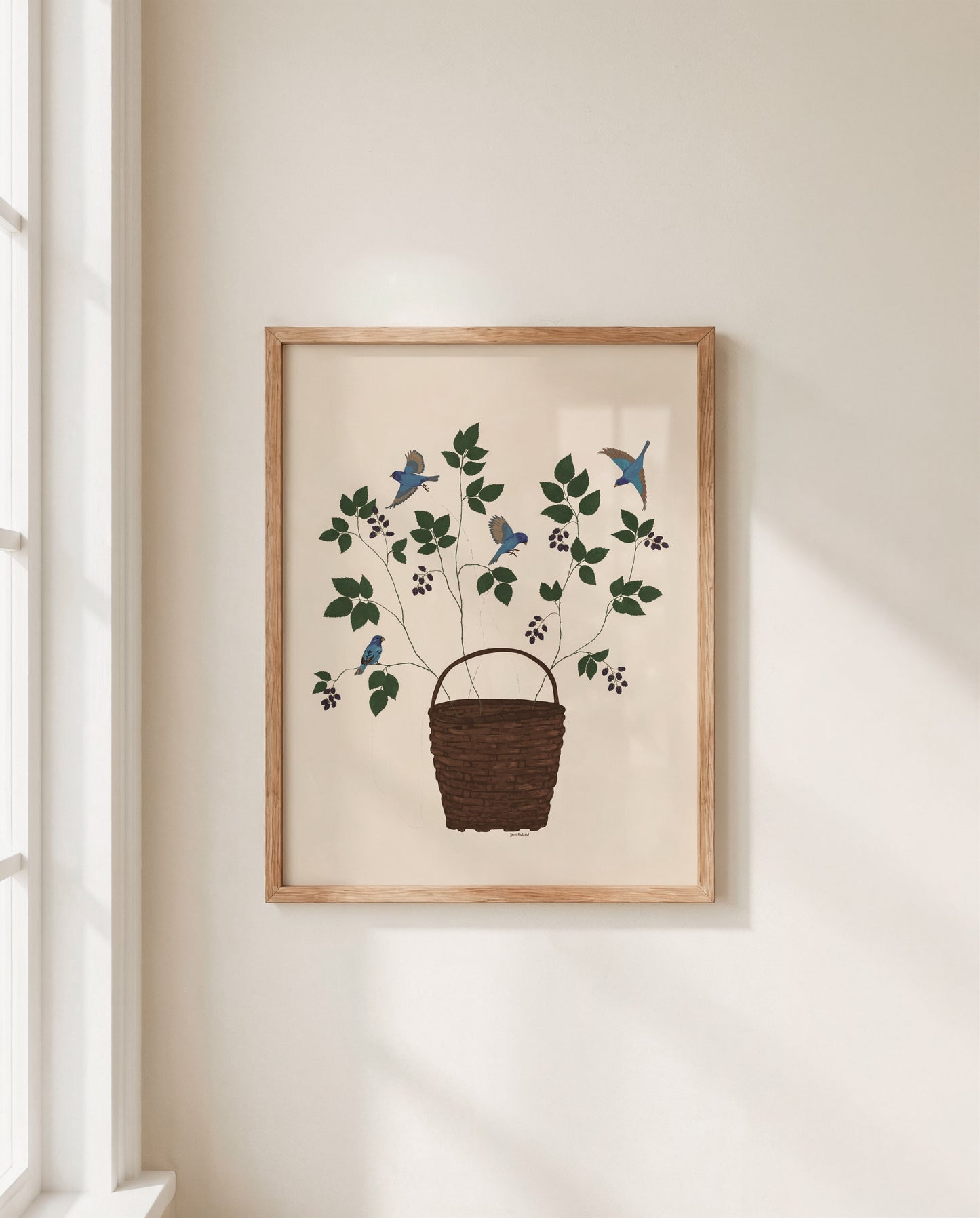 Tethered no. 3 Blackberries and Bluebirds Botanical Gouache Watercolor Poster — Textured Matte Fine Art Print