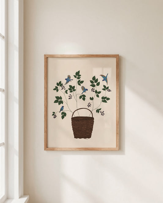Tethered no. 3 Blackberries and Bluebirds Botanical Gouache Watercolor Poster — Textured Matte Fine Art Print