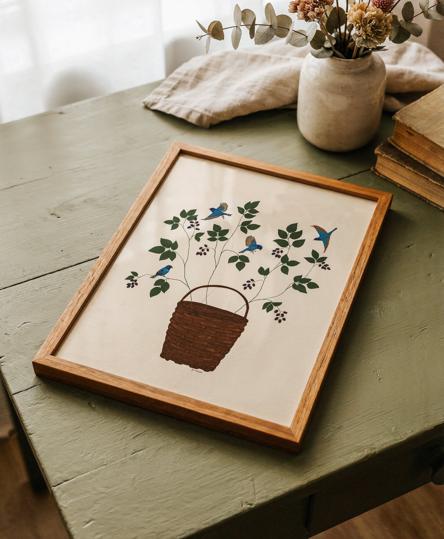 Tethered no. 3 Blackberries and Bluebirds Botanical Gouache Watercolor Poster — Textured Matte Fine Art Print