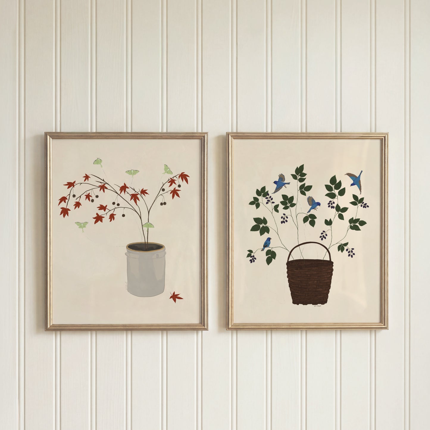Tethered no. 3 Blackberries and Bluebirds Botanical Gouache Watercolor Poster — Textured Matte Fine Art Print