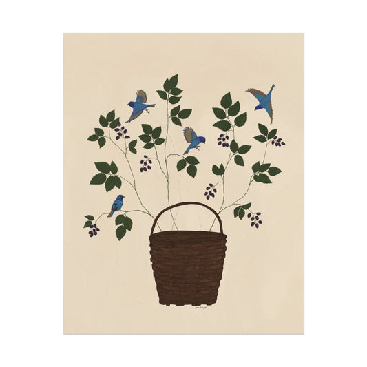 Tethered no. 3 Blackberries and Bluebirds Botanical Gouache Watercolor Poster — Textured Matte Fine Art Print