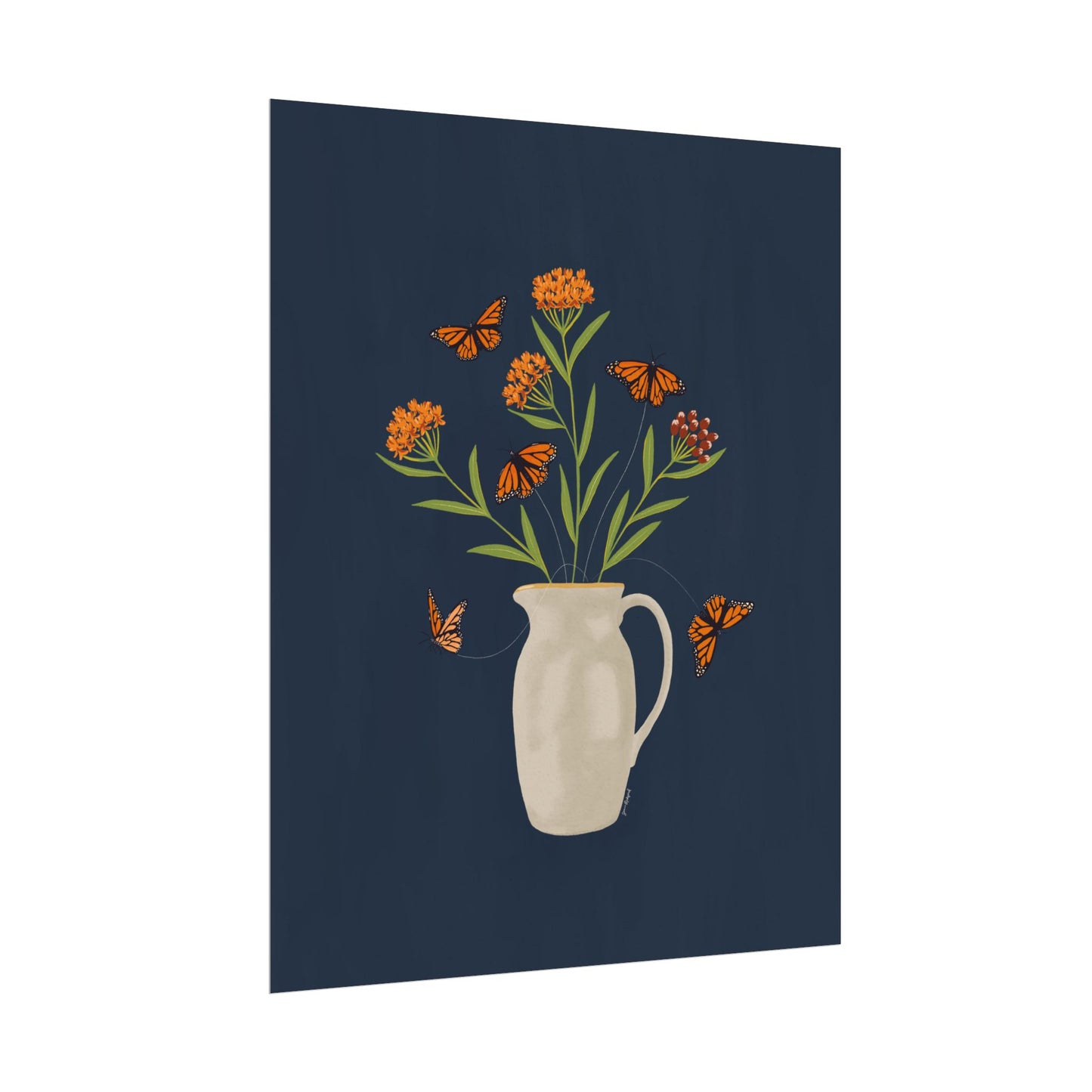 Tethered no. 1 —Milkweed & Monarch Butterfly Bouquet Poster — Gouache Vase Floral Folklectic Wall Art