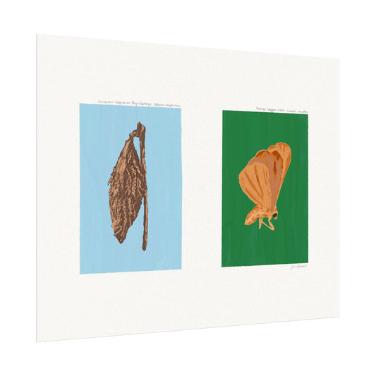 Evergreen Bagworm and Orange Beggar Moth Gouache Art Print — Textured Matte Nature Journal Poster